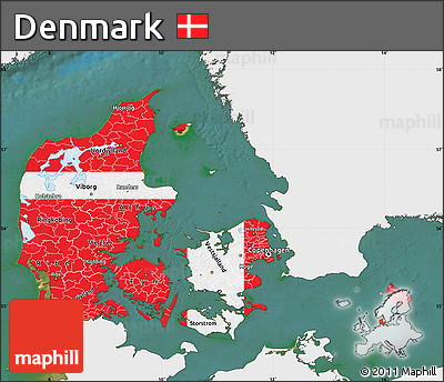 Flag Map of Denmark, single color outside, satellite sea, flag rotated