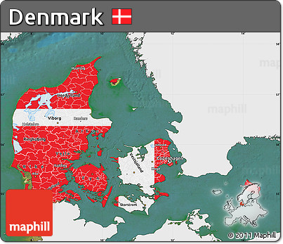 Flag Map of Denmark, single color outside, satellite sea, flag rotated