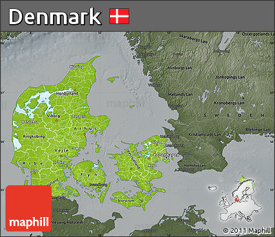 Physical Map of Denmark, darken, semi-desaturated