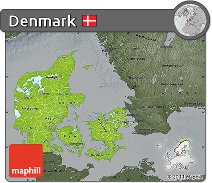 Physical Map of Denmark, darken, semi-desaturated