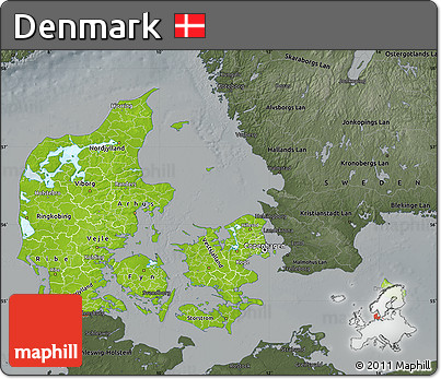 Physical Map of Denmark, darken, semi-desaturated