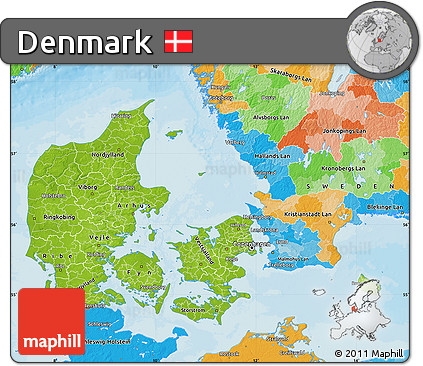Physical Map of Denmark, political outside