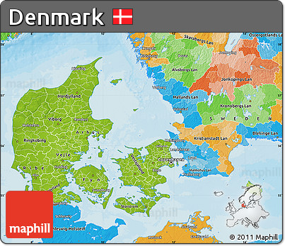 Physical Map of Denmark, political outside