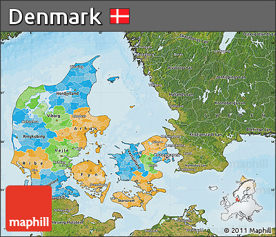 Political Map of Denmark, satellite outside, bathymetry sea