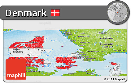 Flag Panoramic Map of Denmark, physical outside, bathymetry sea, flag centered