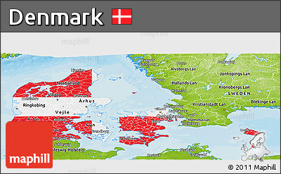 Flag Panoramic Map of Denmark, physical outside, bathymetry sea, flag centered
