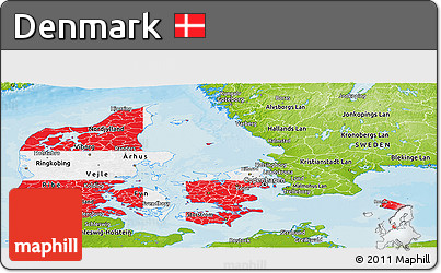 Flag Panoramic Map of Denmark, physical outside, bathymetry sea, flag centered