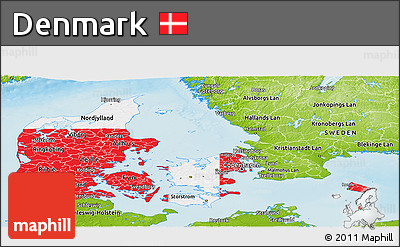 Flag Panoramic Map of Denmark, physical outside, flag aligned to the middle