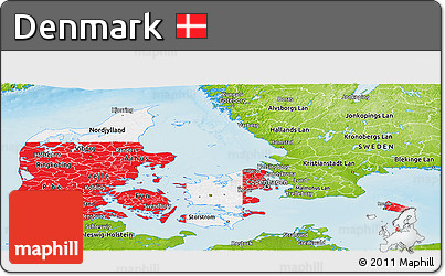 Flag Panoramic Map of Denmark, physical outside, flag aligned to the middle