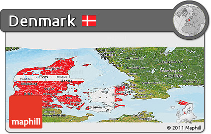 Flag Panoramic Map of Denmark, satellite outside, bathymetry sea, flag rotated