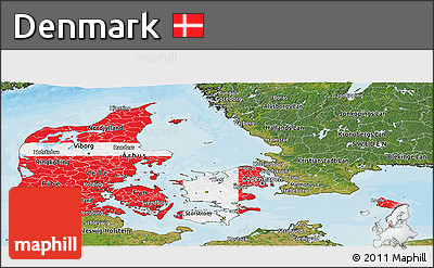 Flag Panoramic Map of Denmark, satellite outside, bathymetry sea, flag rotated
