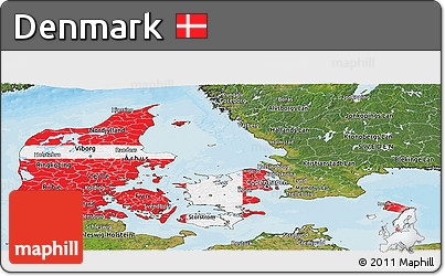 Flag Panoramic Map of Denmark, satellite outside, bathymetry sea, flag rotated