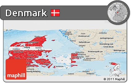 Flag Panoramic Map of Denmark, shaded relief outside, bathymetry sea, flag rotated