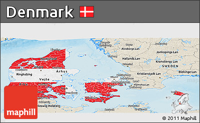 Flag Panoramic Map of Denmark, shaded relief outside, flag centered
