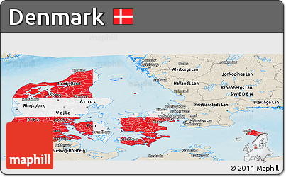 Flag Panoramic Map of Denmark, shaded relief outside, flag centered