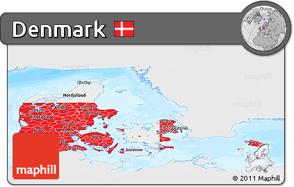 Flag Panoramic Map of Denmark, single color outside, bathymetry sea, flag aligned to the middle