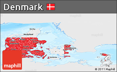 Flag Panoramic Map of Denmark, single color outside, bathymetry sea, flag aligned to the middle