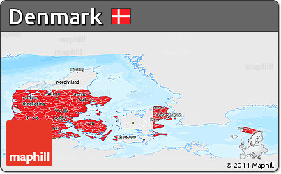 Flag Panoramic Map of Denmark, single color outside, bathymetry sea, flag aligned to the middle