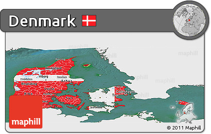 Flag Panoramic Map of Denmark, single color outside, satellite sea, flag rotated