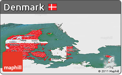 Flag Panoramic Map of Denmark, single color outside, satellite sea, flag rotated