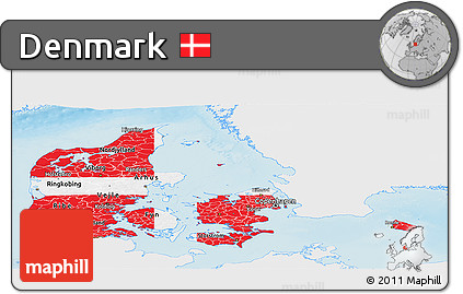 Flag Panoramic Map of Denmark, single color outside, shaded relief sea