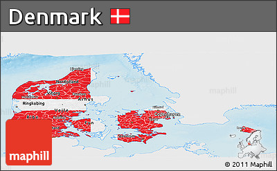 Flag Panoramic Map of Denmark, single color outside, shaded relief sea