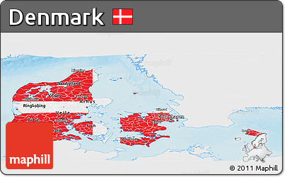 Flag Panoramic Map of Denmark, single color outside, shaded relief sea