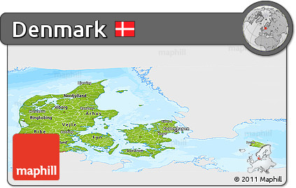 Physical Panoramic Map of Denmark, single color outside, bathymetry sea