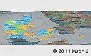 Political Panoramic Map of Denmark, darken, semi-desaturated