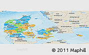 Political Panoramic Map of Denmark, shaded relief outside, bathymetry sea