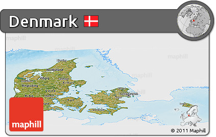Satellite Panoramic Map of Denmark, single color outside, shaded relief sea
