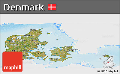 Satellite Panoramic Map of Denmark, single color outside, shaded relief sea