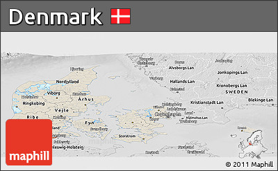 Shaded Relief Panoramic Map of Denmark, desaturated