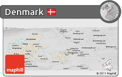 Shaded Relief Panoramic Map of Denmark, desaturated