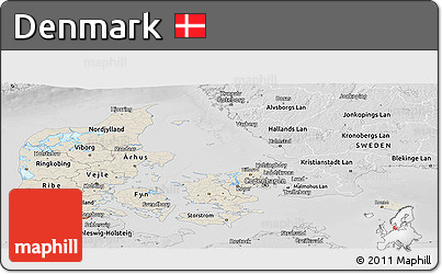 Shaded Relief Panoramic Map of Denmark, desaturated