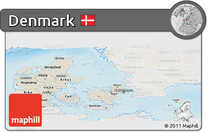 Shaded Relief Panoramic Map of Denmark, lighten, land only