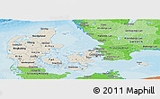 Shaded Relief Panoramic Map of Denmark, political shades outside