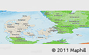 Shaded Relief Panoramic Map of Denmark, political shades outside, shaded relief sea