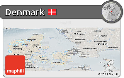 Shaded Relief Panoramic Map of Denmark, semi-desaturated