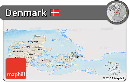 Shaded Relief Panoramic Map of Denmark, single color outside