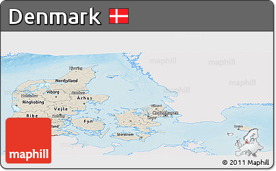 Shaded Relief Panoramic Map of Denmark, single color outside