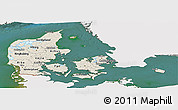 Shaded Relief Panoramic Map of Denmark, single color outside, satellite sea