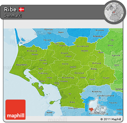 Physical 3D Map of Ribe, political shades outside