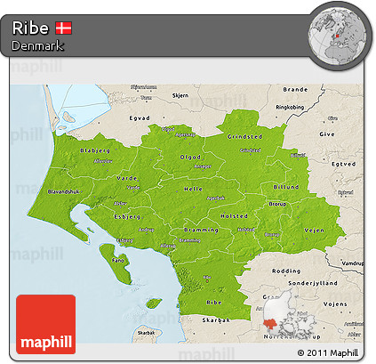 Physical 3D Map of Ribe, shaded relief outside