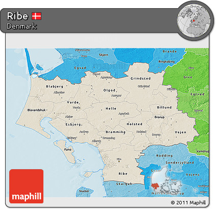 Shaded Relief 3D Map of Ribe, political shades outside
