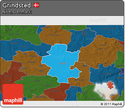 Political 3D Map of Grindsted, darken