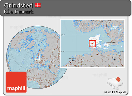 Gray Location Map of Grindsted, highlighted country, hill shading