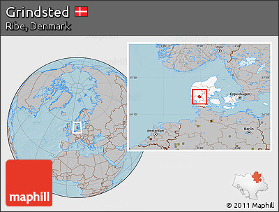 Gray Location Map of Grindsted, highlighted country, hill shading