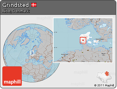Gray Location Map of Grindsted, highlighted country, hill shading