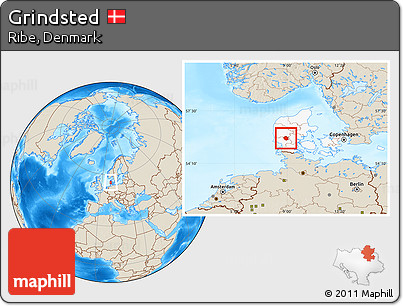 Shaded Relief Location Map of Grindsted, highlighted country